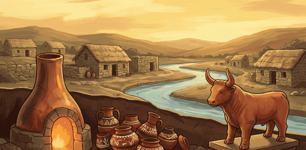 Stylized illustration of the ancient Ahar Civilization, featuring a glowing copper smelting furnace, red-and-black pottery with white designs, and a terracotta bull statue next to a village by a river at sunset.