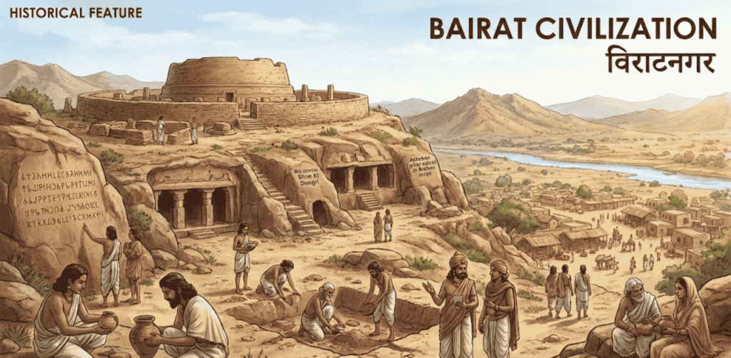 Historical illustration showing ancient Bairat Civilization (Viratnagar) with a stupa, rock-cut caves, Ashokan inscriptions, and people engaged in pottery and daily life.