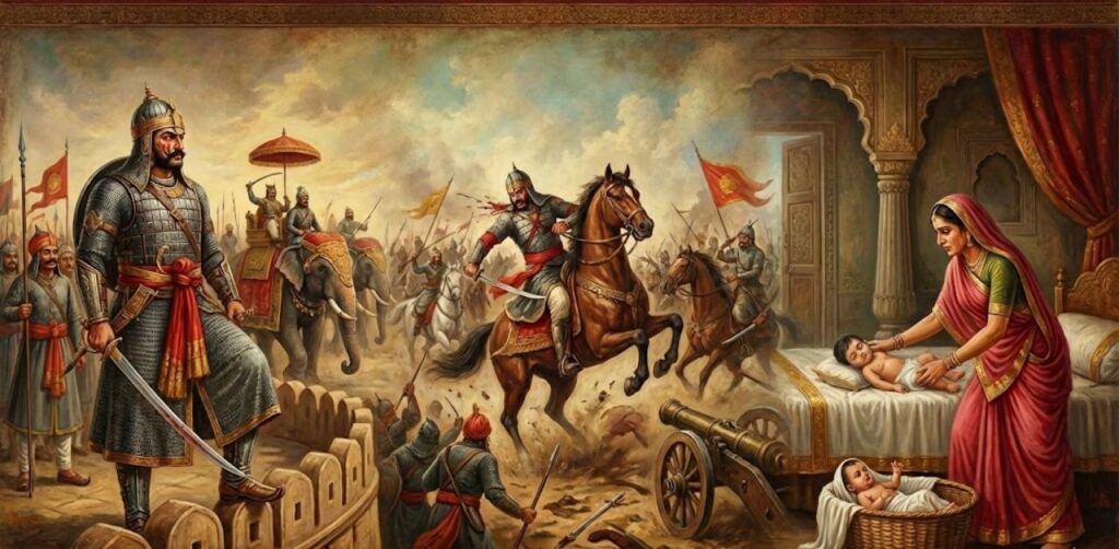 "A modern artistic painting depicting historical scenes of Maharana Sanga, the Battle of Khanwa and the sacrifice of Panna Dhai."