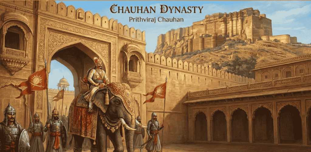 Illustration of Prithviraj Chauhan riding a royal elephant with soldiers and a large hill fort in the background.