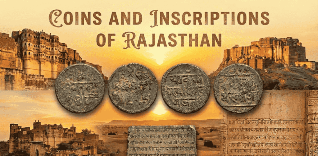 A composite image titled 'COINS AND INSCRIPTIONS OF RAJASTHAN' featuring four ancient, weathered Indian coins and two large stone tablets with carved script against a background montage of famous Rajput forts like Mehrangarh and Jaisalmer under a sunset sky.