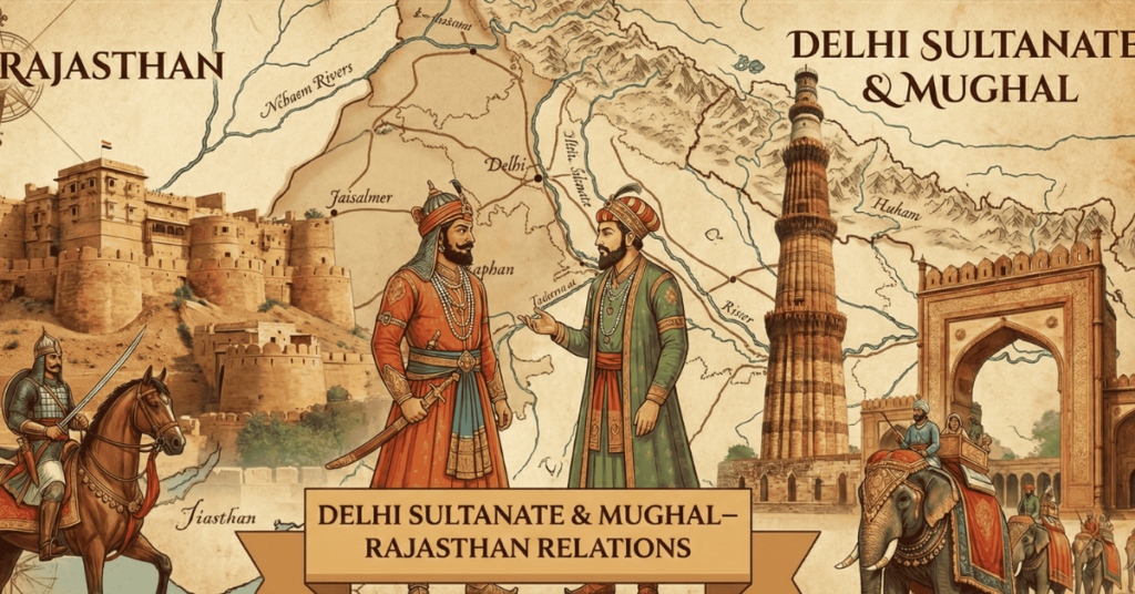 Historical illustration representing the political and cultural relations between the Mughal Empire and the rulers of Rajasthan.