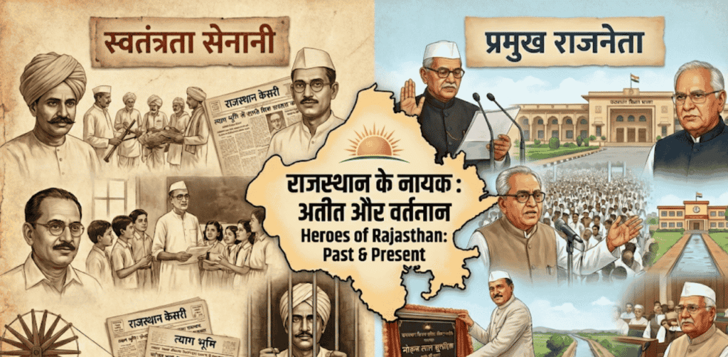 A dual-themed collage featuring Rajasthan's freedom fighters in vintage sepia on the left and modern politicians in color on the right, centered around a map of Rajasthan with bilingual titles.
