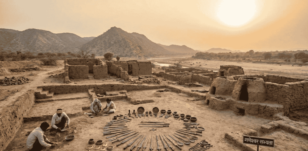 Archaeological excavation site of the Ganeshwar Civilization showing unearthed copper artifacts, mud structures, and workers.