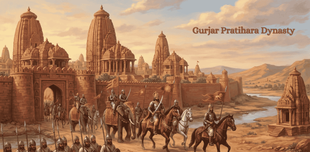 "Historical illustration of the Gurjar Pratihara Dynasty featuring Nagara-style temples, a fortified city, and a royal army with war elephants and cavalry."