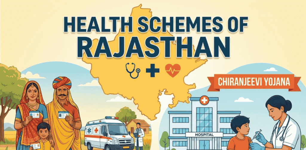 Illustration titled 'HEALTH SCHEMES OF RAJASTHAN', depicting a rural family with health cards, medical infrastructure, and a banner highlighting the Chiranjeevi Yojana against a map of Rajasthan.