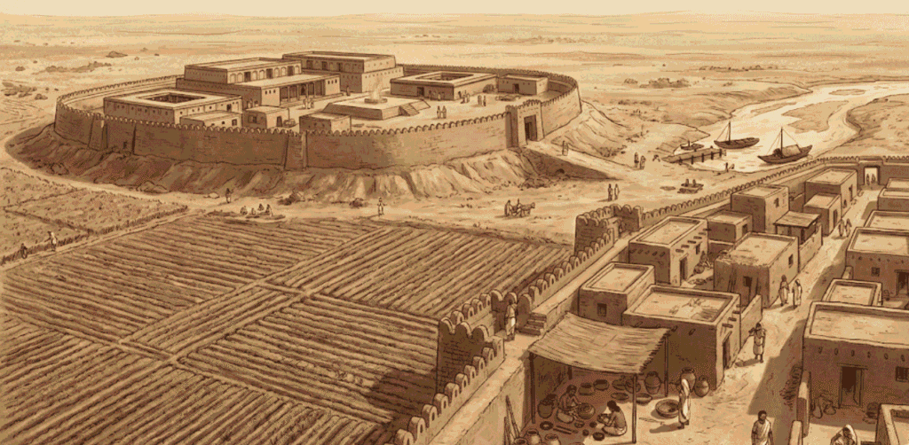 Illustration of the ancient Kalibangan civilization site, featuring a fortified citadel mound, a lower town with mud-brick houses, ploughed fields, and a riverbed with boats.