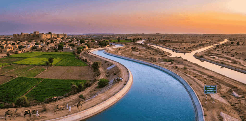A wide-angle landscape photograph of the Rajasthan Canal Project flowing through the Thar Desert at sunset, featuring camels, green irrigated fields, and a village fort.