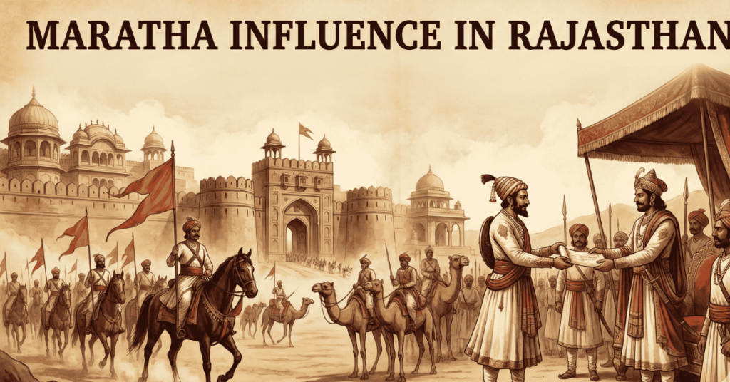 A vintage-style historical painting titled "MARATHA INFLUENCE IN RAJASTHAN" shows a Maratha commander exchanging a scroll with a Rajput ruler under a canopy, while Maratha cavalry with saffron flags ride past a desert fortress.