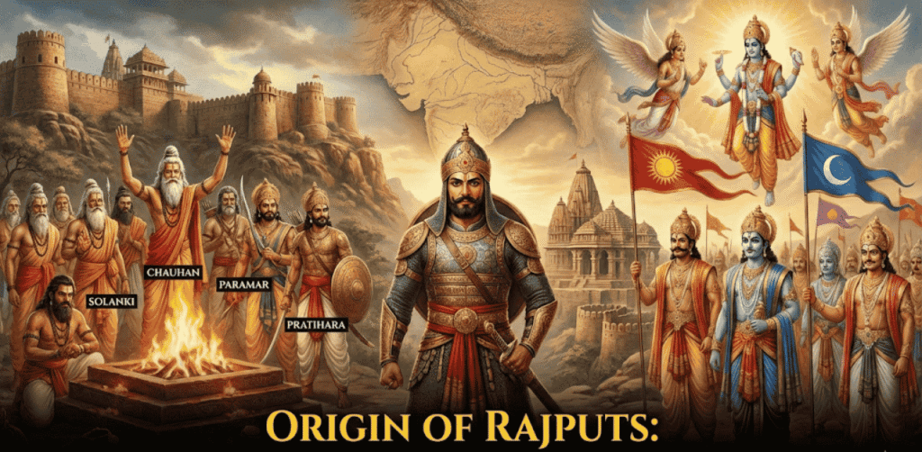 "Feature image depicting the Origin of Rajputs, illustrating the Agnikula theory, Suryavanshi, and Chandravanshi lineages with ancient Rajasthani forts."