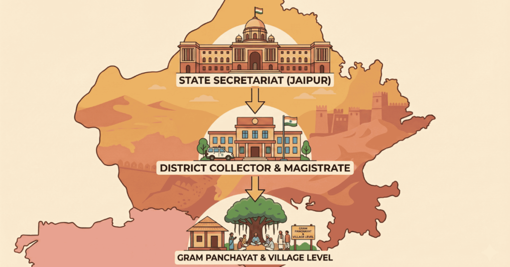 "Infographic showing the administrative hierarchy of Rajasthan, detailing the flow from the State Secretariat in Jaipur to the District Collector and down to the Gram Panchayat level, displayed over a map of Rajasthan."