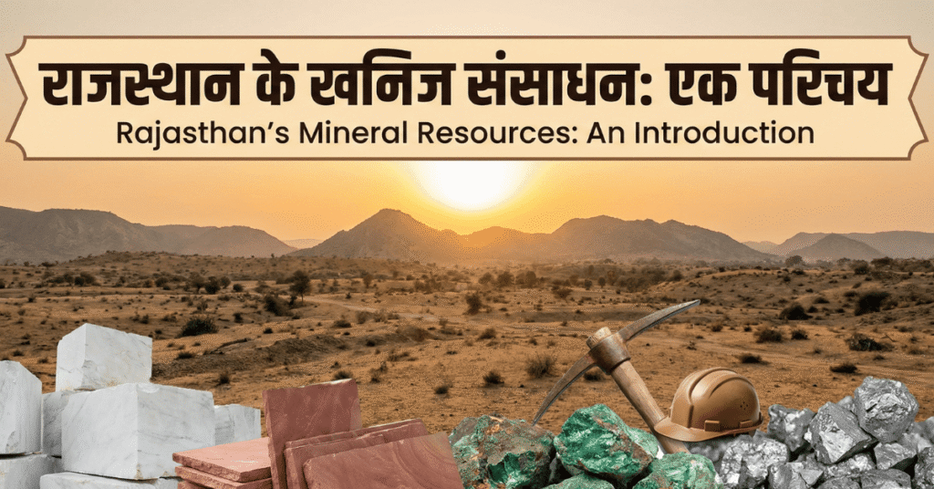 Blog header image titled "Rajasthan's Mineral Resources," featuring piles of white marble, red sandstone, copper and zinc ores, and mining tools against a desert landscape.