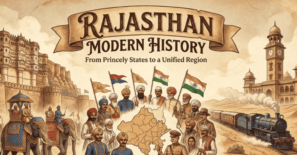 A vintage-style panoramic illustration titled "RAJASTHAN MODERN HISTORY" depicting the transition from royal forts and elephants on the left to a central map surrounded by diverse citizens holding flags, and a steam train symbolizing modernization on the right.