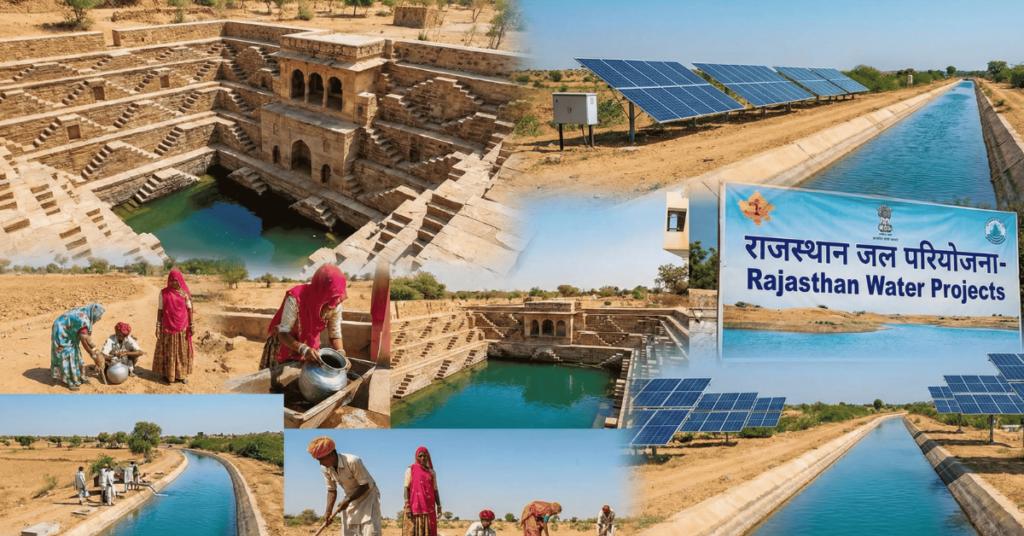 A photo collage titled "Rajasthan Water Projects," illustrating traditional stepwells, modern canals with solar panels, rural people collecting water, and laborers digging in Rajasthan, India.