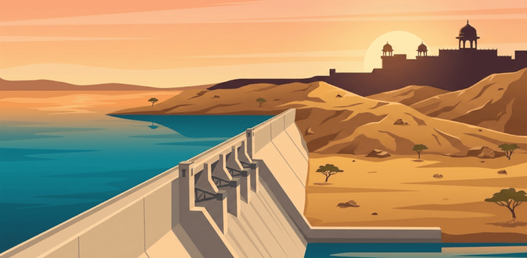 A wide-angle landscape illustration of a large concrete dam in arid Rajasthan, India, at sunset, showing a blue water reservoir and distant fort silhouette.