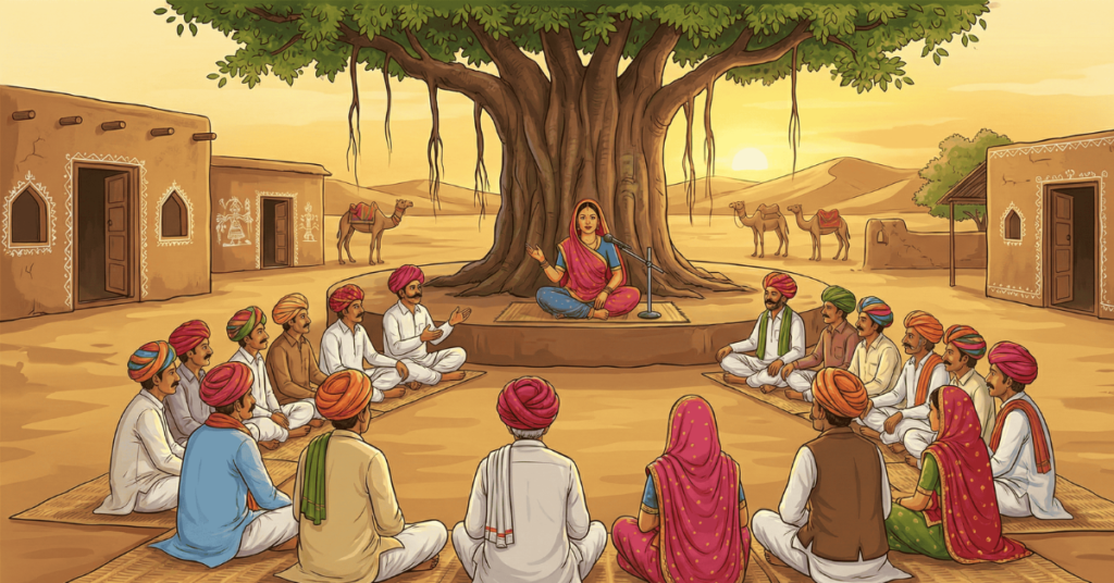Illustration of a Rajasthani Gram Panchayat meeting with a woman Sarpanch addressing villagers under a tree.