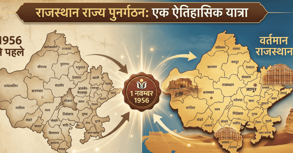 Infographic illustrating the historical reorganization of Rajasthan state, contrasting a fragmented map from "Before 1956" with the unified "Present Rajasthan" map, highlighting the pivotal formation date of November 1, 1956.