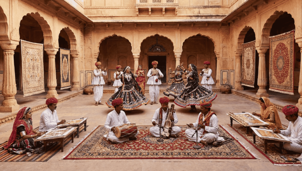 A vibrant scene of Rajasthani folk dancers, musicians, and artists performing in a traditional haveli courtyard.