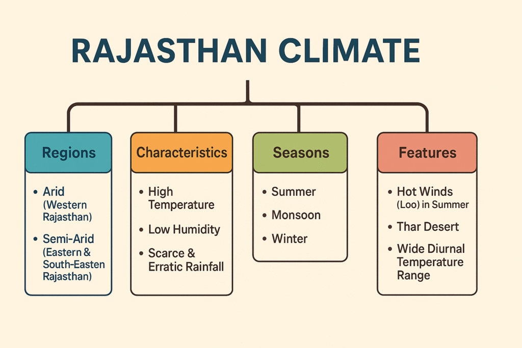 Rajasthan climate infographic showing regions, characteristics, seasons and features