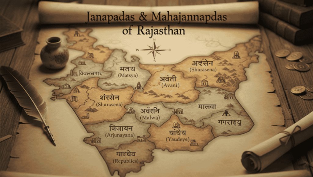 Vintage scroll map illustrating the Janapadas and Mahajanapadas of Rajasthan, featuring regions like Matsya and Shurasena with antique study elements like a quill and oil lamp.