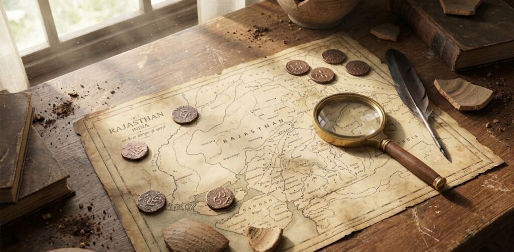 "Ancient Rajasthan history artifacts featuring vintage map, punch-marked coins, rock inscriptions, and Kalibangan pottery shards."