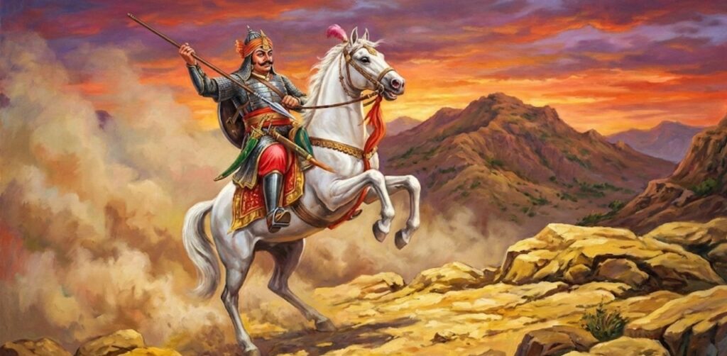 Oil painting of Maharana Pratap on his rearing white horse, Chetak, against a dramatic sunset over rocky terrain.