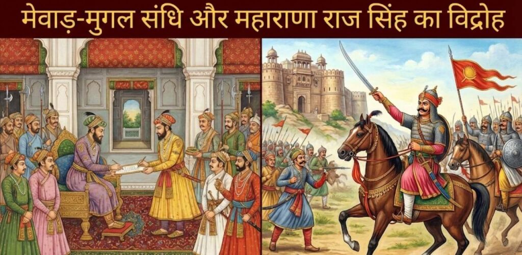 A split-panel historical illustration titled "Mewar-Mughal Treaty and Maharana Raj Singh's Rebellion." The left side shows a diplomatic treaty signing in a Mughal court, while the right side depicts Maharana Raj Singh on horseback leading an army in revolt.