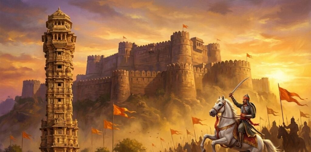 Digital illustration of a Rajput warrior on a white horse, featuring the Vijay Stambha tower and a hill fort under a golden sunset.