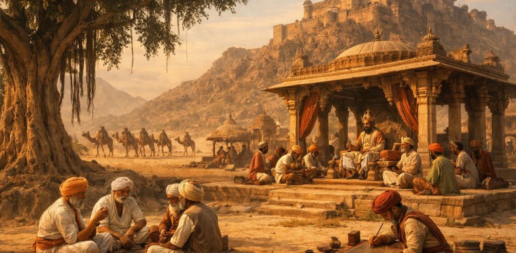 Ancient Rajasthani royal court showing a king with ministers, village elders Panchakula under a banyan tree, a scribe engraving a copper plate decree, camel cavalry, and a hill fort in the Aravalli mountains during the Gurjara-Pratihara period.
