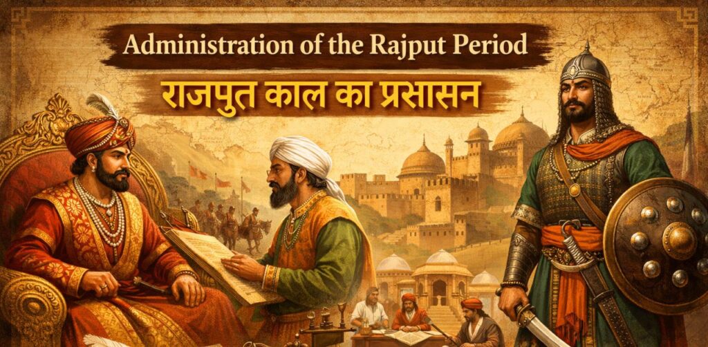 Illustration of Rajput period administration with a Rajput king, ministers, warrior, forts, manuscripts, and symbols of governance.