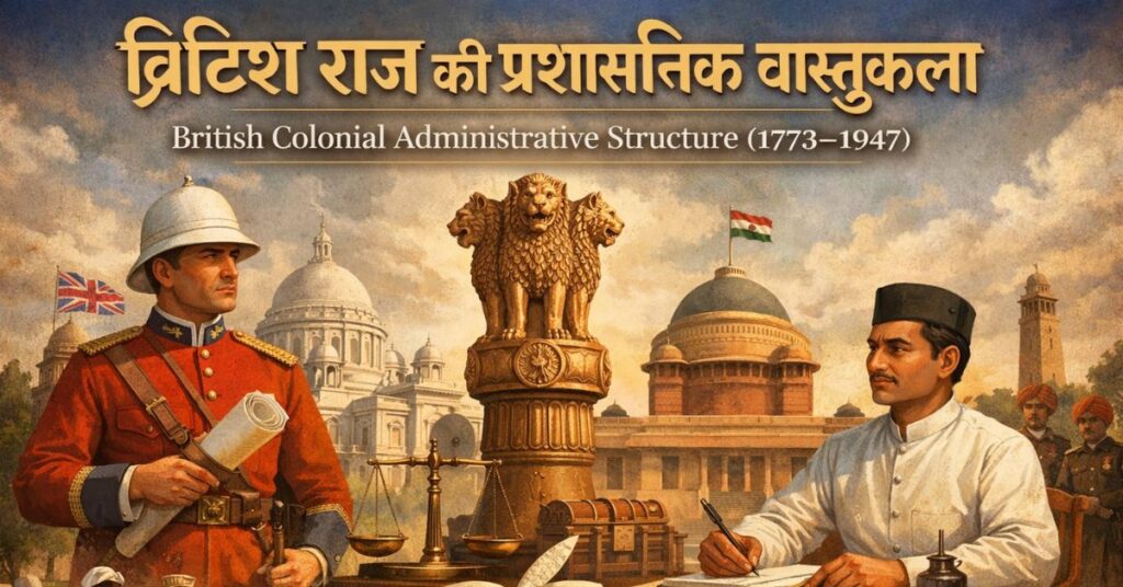 British colonial administration in India symbolized by historical documents, law, and imperial architecture.