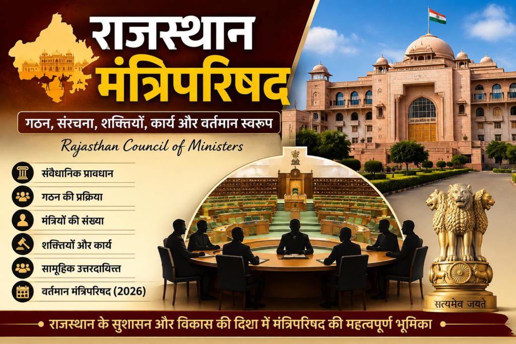 **Alt Text:** Rajasthan Mantriparishad feature image showing Rajasthan Council of Ministers, constitutional provisions, ministerial structure, powers, functions, collective responsibility and current 2026 governance in Rajasthan.